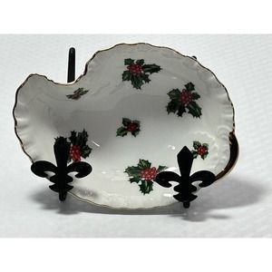 Vintage Lefton Holly Berry Christrmas Candy Nut Dish Gold Trim‎ #7940